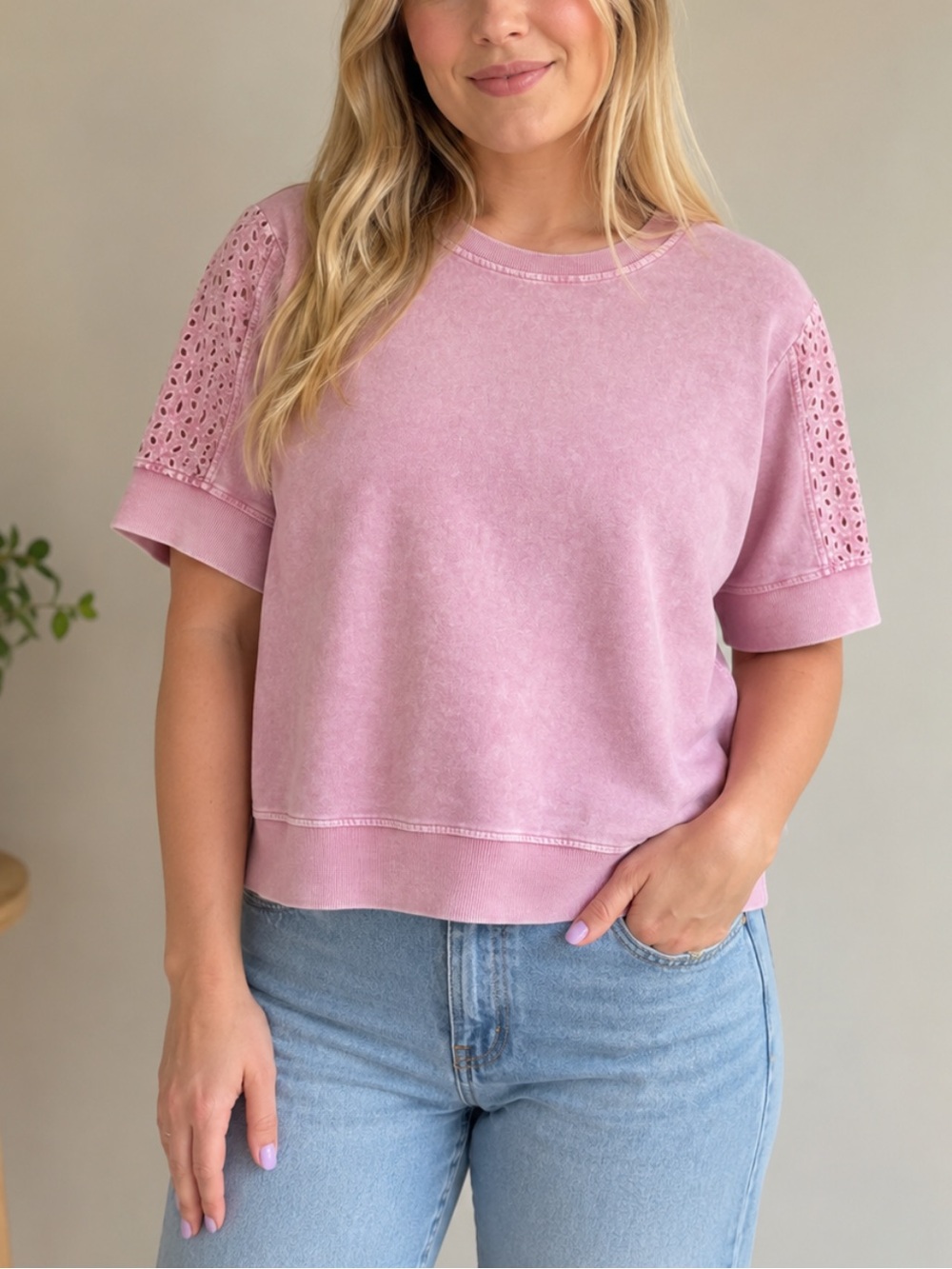 Jane & Delancey Women’s Lace Sleeve Pullover Sweatshirt Tee Pink M Feminine Boho